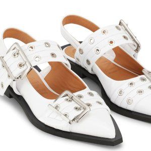 GANNI White Wide Welt Buckle Ballerinas